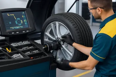 Equipamento de balanceamento de rodas sendo operado.