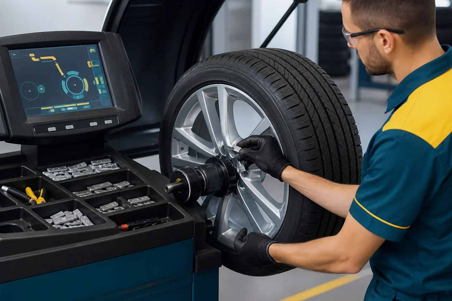 Equipamento de balanceamento de rodas sendo operado.