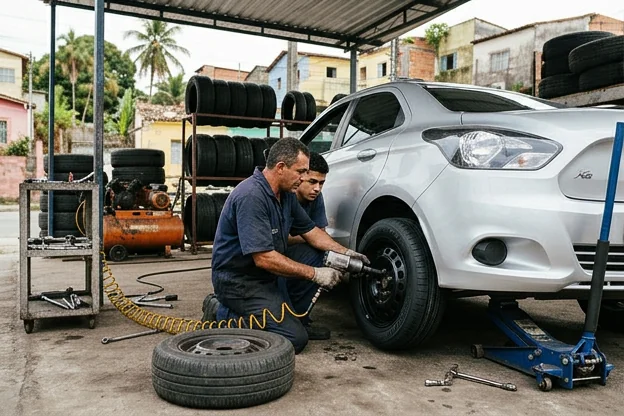 Profissional realizando troca de pneus em um veículo.