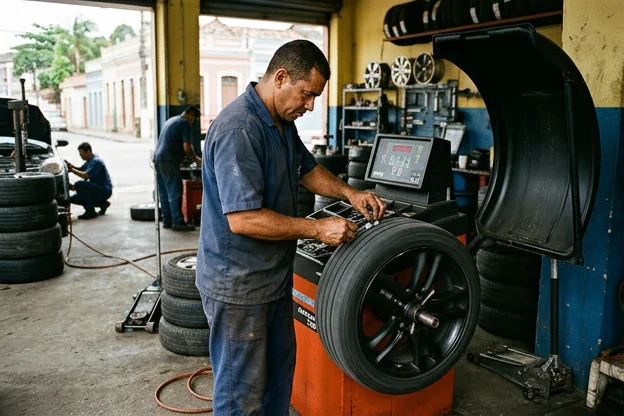 Técnico realizando balanceamento de rodas.