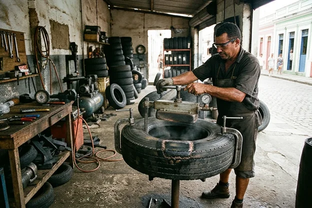 Técnico realizando vulcanização de pneus.