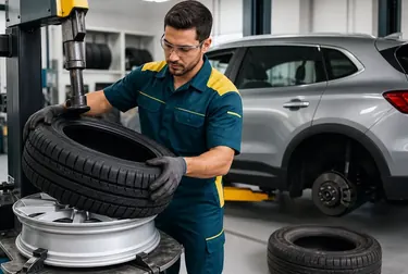 Técnico trocando um pneu de carro em uma borracharia.