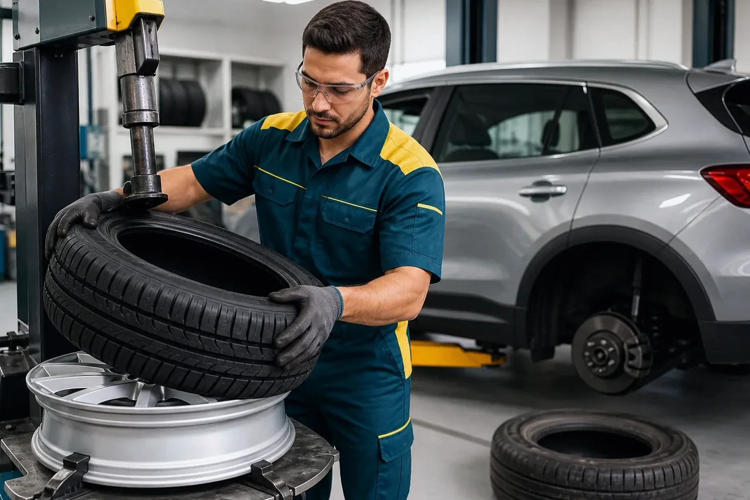 Técnico trocando um pneu de carro em uma borracharia.